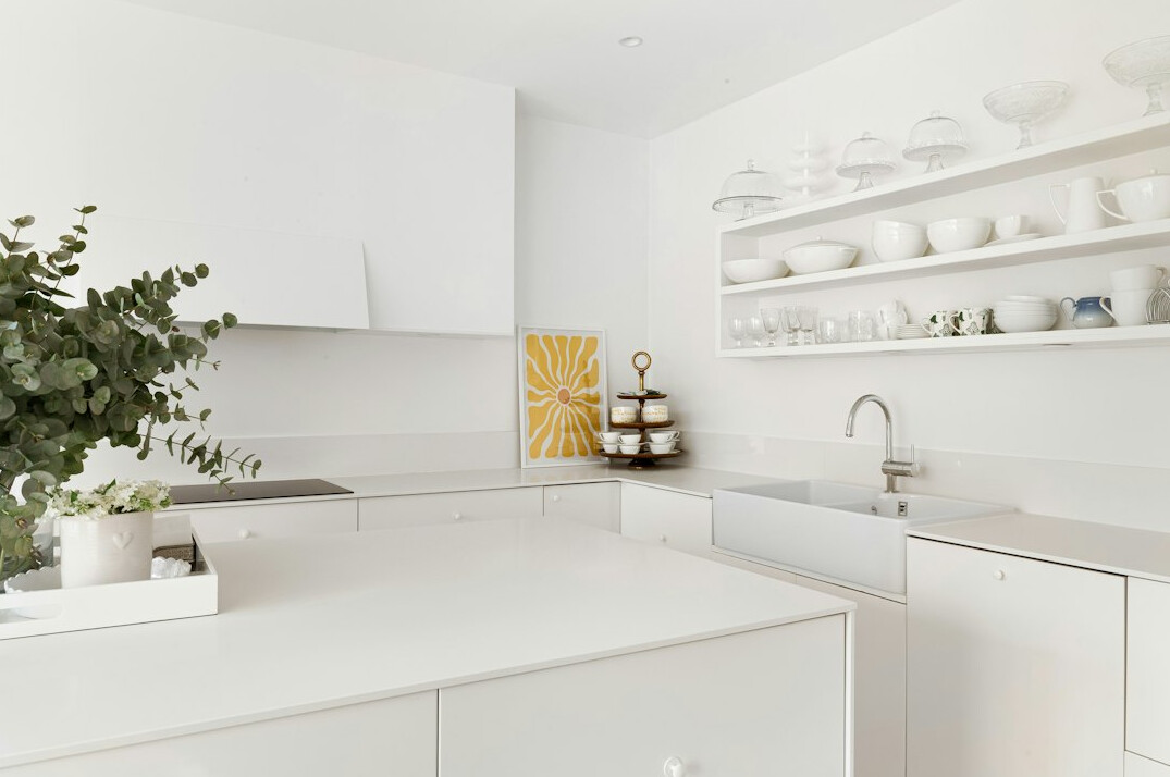 White kitchen with tidy counters and a printed checklist nearby